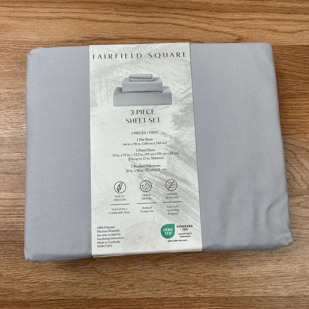 Fairfield Square 3 Piece‎ TWIN Microfiber Sheet Set Pewter Grey NEW
